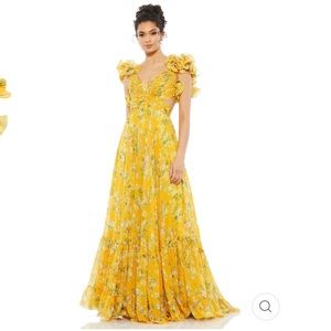 Mac Duggal Yellow Ruffle Tiered Lace Back Floral Gown with Cut-outs